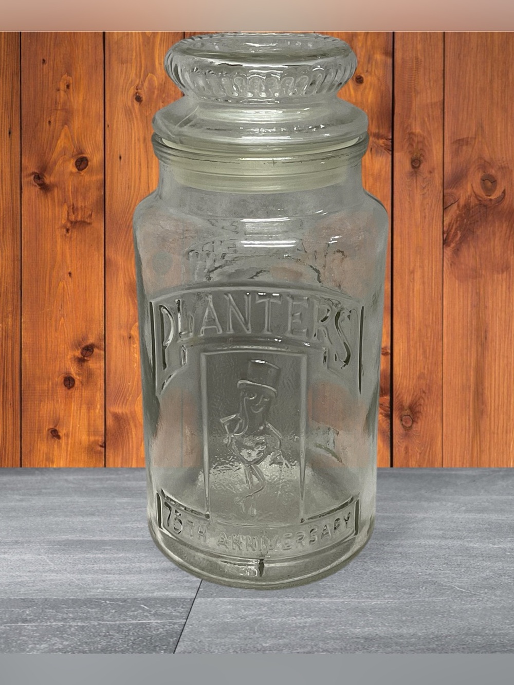 Vtg 1981 Planters Mr. Peanut 75th Anniversary Glass Jar With Lid